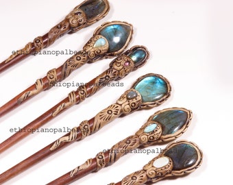 Labradorite Hair Stick – Handmade Polymer Clay Cabochon Hair Pin
