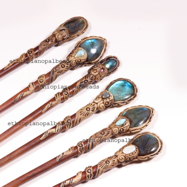 Bâtonnets de cheveux en labradorite, bâtons de cabochon, bâtons de cheveux en pâte polymère, cadeau pour petite amie, accessoires pour cheveux bohèmes, cadeau d'anniversaire de maman, cadeau pour femme