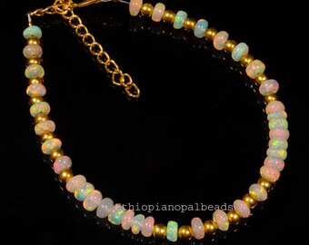 Ethiopian Opal Rondelle Beads Bracelet, 4mm Gemstone with Golden Balls