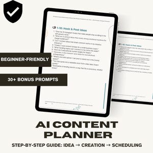 Peut inclure: Un planificateur numérique aux couleurs bleu et vert. Le planificateur est intitulé "AI Content Planner" et comprend le texte "Guide étape par étape : Idée → Création → Planification". Le planificateur comprend une liste d'invites pour créer du contenu pour les médias sociaux.