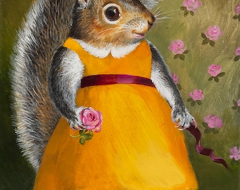 Giclee print, squirrel art, the New dress, from original painting by Mary Swift, yellow dress, pink roses, cute squirrel picture, lovely art