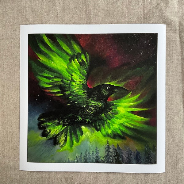 Giclee print Corvus Borealis, Nordic raven, raven art by Mary Swift, raven in northern lights, polar light, flying raven, green light skies