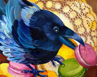 Crow print, Macaron crow, pistachio macaron, giclee print with the funny crow, crow art by Mary Swift, art print funny crow, happy crow art
