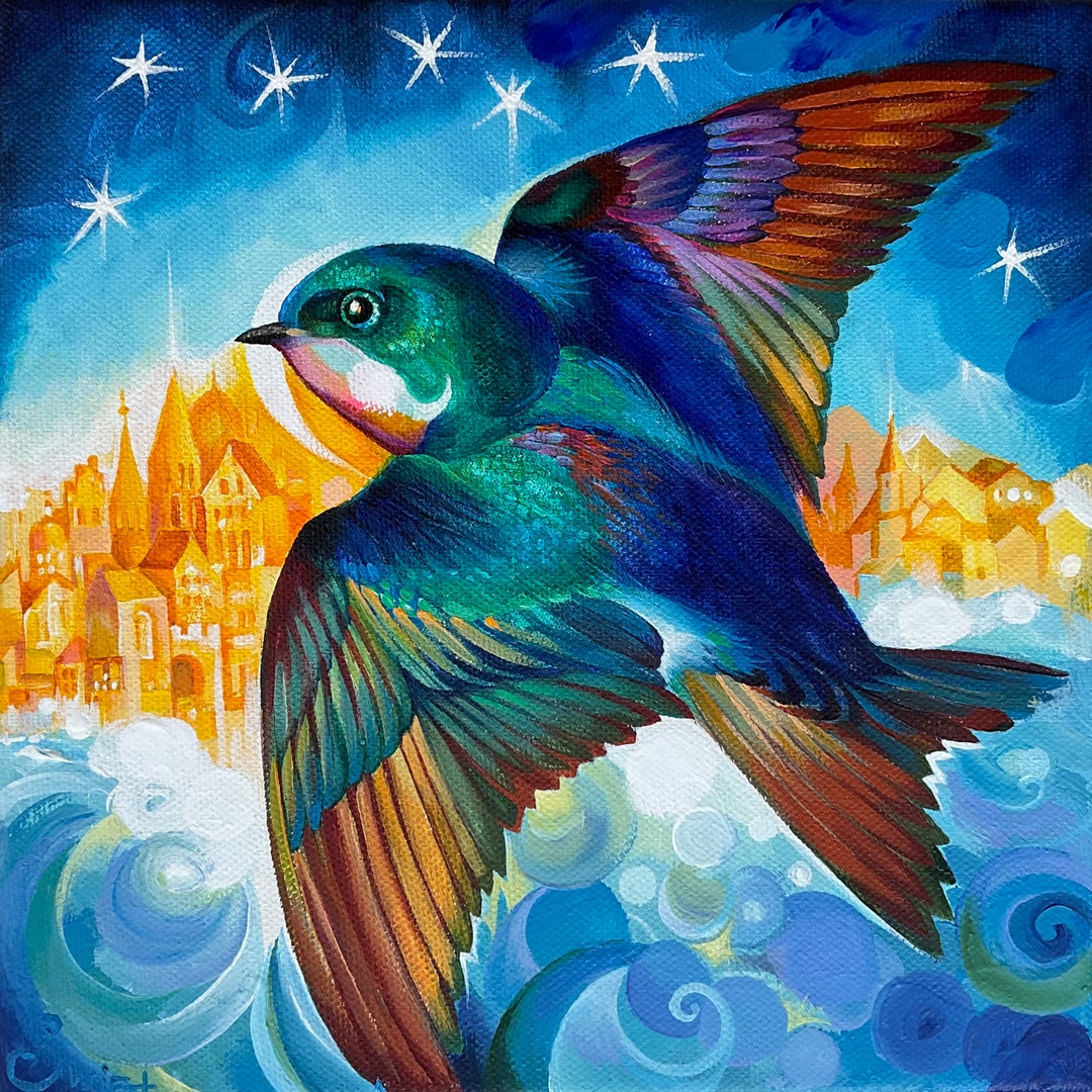 Seven Stars Original Painting by Mary Swift, Framed, Bird Art, Magic