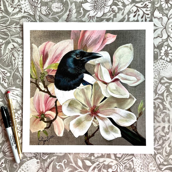Magpie in Magnolias giclee art print, magpie art, white magnolia flowers print, bird art decor, fine art print, magpie in flowers, magpies