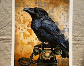 Raven print, raven art Giclée print, crow picture, raven lover, crow print, bird artwork, phone, retro telephone, vintage art print