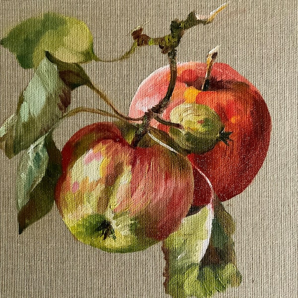 Peinture de pomme « The Perfect Couple » 20x20 peinture originale 20x20 cm huile sur carton entoilé naturel, Apple season, apple artwork par Mary Swift