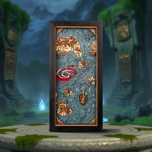 May include: A rectangular wooden wall clock with a map design. The clock features a black frame, a blue background, and a detailed map with brown wooden cutouts. The clock hands are gold, and the numbers are visible. The map includes a red and white swirl design.