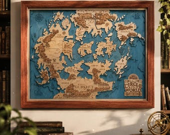 Ancient Realm 3D Wood Map – epic fantasy wall art – fantasy book gift – reader room decor