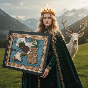 May include: A framed wooden map with intricate details, featuring a blue ocean and various landmasses in shades of brown and green. The map is held by a person wearing a green velvet cloak and a golden crown. A white deer stands in the background.