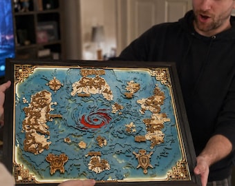 Wood anniversary gift for gamers, Handcrafted fantasy world map with lighting and legendary kingdoms