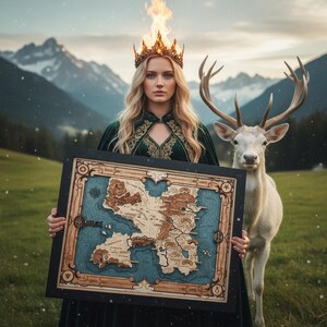 May include: A woman wearing a gold crown with flames, holding a framed wooden map with a blue background. A white deer stands beside her in a grassy field, with mountains in the background. The map features intricate details and a decorative frame.