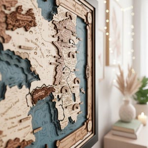 May include: A framed, three-dimensional wooden map with a black frame. The map features intricate laser-cut details, showcasing landmasses in light brown and water in blue. Text on the map includes "The Western Wastes" and "Gulf of Oro".