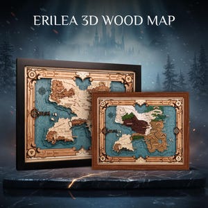 May include: Two framed 3D wood maps with intricate laser-cut details. The larger map is in a black frame, the smaller in a brown frame. Both feature a layered design with blue water and land in various wood tones. The text "ERILEA 3D WOOD MAP" is at the top.