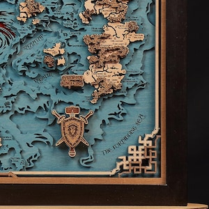 MAPA DE MADERA 3D de los Reinos del Este - Mapa del mundo de juego personalizado - Arte de videojuegos para fanáticos