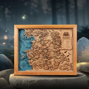Mapa Drewniana 3D World of Hags and Monsters - Kolekcjonerska sztuka gier wideo - Drewniana mapa fantasy 3D - Idealna drewniana sztuka ścienna do każdego pomieszczenia