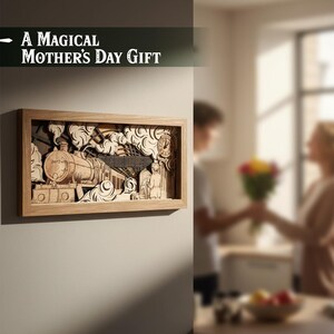 May include: Wooden layered art piece in a rectangular frame. The artwork depicts a vintage train with intricate details, clouds, and a clock. The text "A MAGICAL MOTHER'S DAY GIFT" is above the frame. The piece is mounted on a gray wall.