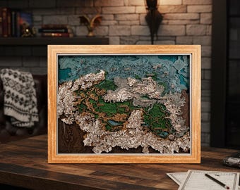 Mapa de pared 3D del Reino de los Nórdicos: decoración de pared de madera para salas de juegos. Decoración de fantasía con gran detalle del mundo de los jugadores.
