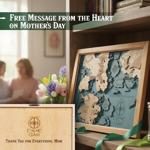 May include: A wooden framed map with a light blue background and a wooden frame. The map is labeled "Great Ocean" and "Map of the Known World". The image also includes a wooden box with the text "Thank You For Everything, Mom".