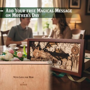 May include: A wooden framed art piece with a train scene, a clock, and figures. The text "Add Your Free Magical Message On Mother's Day" is at the top. The wooden box below reads "With Love For Mom".