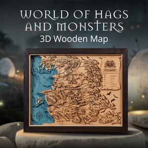 Carte en bois 3D du monde des sorcières et des monstres - Cadeau personnalisé pour joueur - Carte personnalisée en bois 3D - Cadeaux parfaits pour les joueurs d'un jeu épique