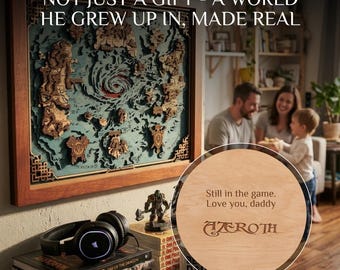 3D WOODEN MAP of KALIMOR - Gamer dad wall art with free engraving, Fathers day gift for men