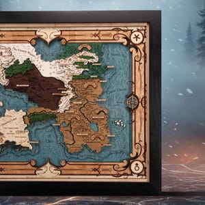 May include: A multi-layered wooden wall map featuring a fantasy world with engraved text labels like The Frozen Wastes, The Western Wastes, and Great Ocean. The map is encased in a black frame with intricate scrollwork borders and symbols.