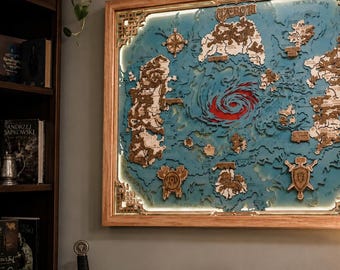 Illuminated map of Eastern Kingdoms, 3D wooden game room decor with wall lamp effect for fantasy gamers