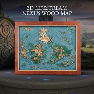 Può includere: Una mappa in legno 3D incorniciata con il testo "3D LIFESTREAM NEXUS WOOD MAP". La mappa presenta un oceano blu, masse terrestri verdi e aree rialzate color beige. La cornice è di colore marrone rossiccio.