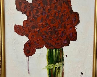 Abstrakt blommig oljemålning, modern konst, inramad i vintageram, väggkonst, 24x30, abstrakt målning med röd blommig färg, samtida konstverk