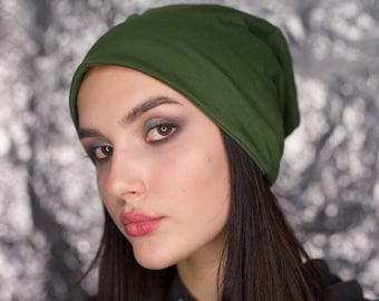 Ponytail Beanie slouchy hat with bun hole. Two-layer hat made of light cotton jersey