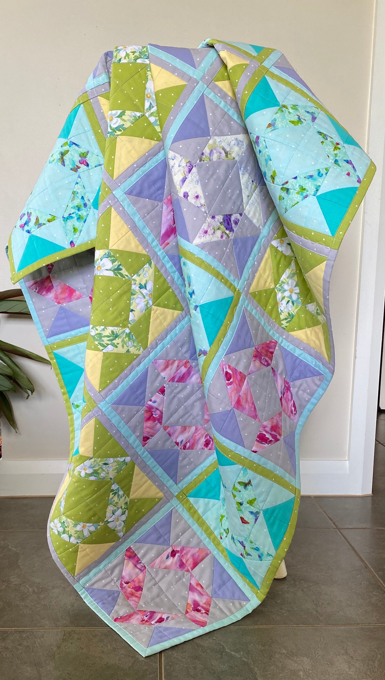 Pastel patchwork quilt handmade in colours of greens pink Etsy