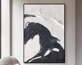 Large Black And White Abstract Painting, Black White Painting, White Wall Painting, White Minimalist Art, Framed Abstract Painting, Wall Art