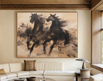 Strukturiertes Pferd Gemälde Auf Leinwand: Große Beige Braune Abstrakte Kunst