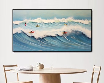 Grande art mural côte texturé bleu 3D, peinture vague, peinture océan, peinture océan plage bleue, art océan surf, art grand couteau