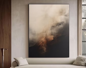 Beige Black Abstract Painting, Black Minimalist Wall Art, Large Black Minimalist Wall Art Beige Textured Canvas Painting Neutral Wall Decor