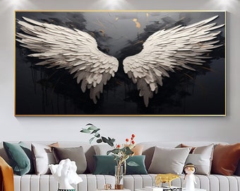 Große Grau und Weiß Textur Engel Flügel Gemälde Abstrakte Graue Feder Anstrich Moderne Abstrakte Flügel Kunst Boho Wanddekor Benutzerdefinierte Gemälde