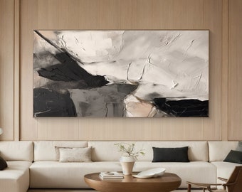 Beige and Black Abstract Painting On Canvas  Large Black Minimalist Wall Art Beige Textured Canvas Painting Neutral Wall Decor  Texture Art