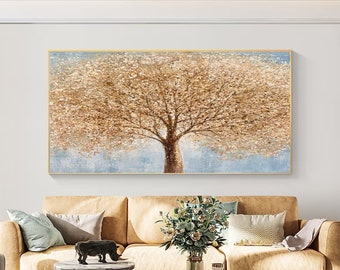 3D Original Textured Knife-Painted Trees Gold Blue Abstract Oil Painting Abstract Landscape Painting 3D Abstract Tree Painting Tree Wall Art