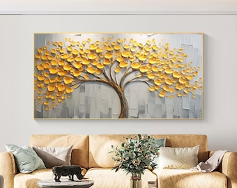3D Textured Gold Blossom Tree Oil Painting: Large Nature Canvas Wall Art