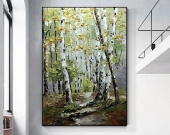 オリジナルの白樺の木の油絵：緑の森の風景画 - Etsy 日本