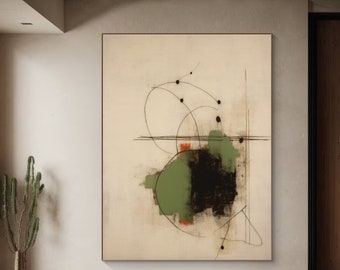 Gran lienzo abstracto verde: pintura con textura Wabi-Sabi.