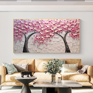 キャンバスに描かれた大きな 3D 花の油絵 オリジナル ピンクの桜の花の絵 オリジナル 植物ナイフ 絵画 パレットナイフ ブロッサム アート