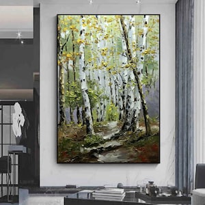 Large Abstract Birch Landscape  Painting  Spring Birch Forest Painting On Canvas  Modern Texture Green Tree Painting Living Room Wall Art