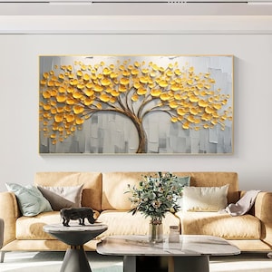 3D Textured Gold Blossom Tree Oil Painting: Large Nature Canvas Wall Art