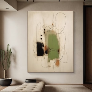 Large Olive Green Abstract Painting, Wabi Sabi Canvas Art