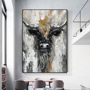 Abstract Bull Painting: Black and Gold Animal Wall Art
