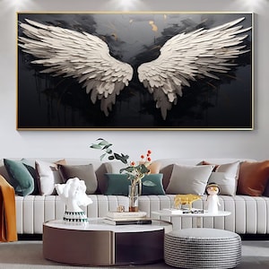Large 3D White And Black Feather Canvas Oil Painting Hand Wings Canvas Oil Painting Original Angel Wing Painting on Canvas Living Room Wall