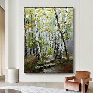 Original Birch Landscape Painting  Birch Tree Painting Forest Abstract Painting Modern Texture Art Green Abstract Painting Natural Landscape
