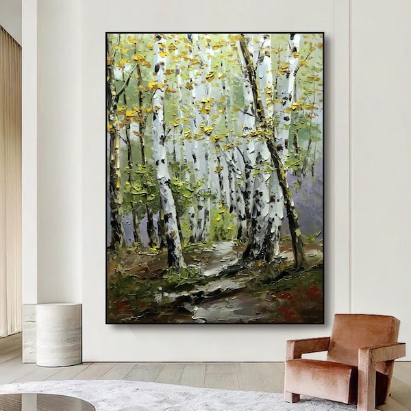 Original Birch Landscape Painting  Birch Tree Painting Forest Abstract Painting Modern Texture Art Green Abstract Painting Natural Landscape